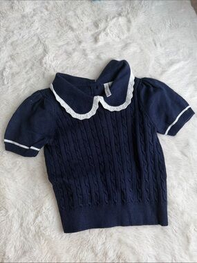Janie and Jack Navy Short-Sleeve Cable-Knit Top with White Trim Collar